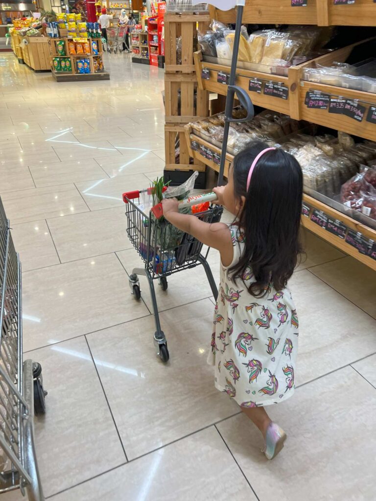 Toddler shops with a baby shopping cart at baby shop KL.