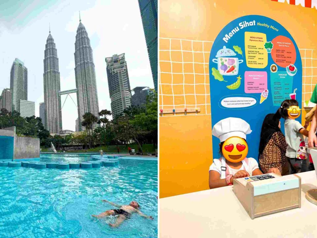 A collage of the best places to visit in KL for free. On the left, a kid dips in the KLCC Park pool and on the right, a kid plays at Bank Negara Museum.