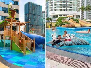 A collage of the water park at Four Points by Sheraton Kuala Lumpur City Center and a family swimming in the pool at this family hotel in Kuala Lumpur.